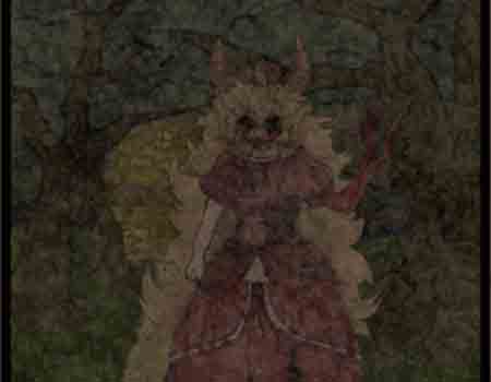 A elegant figure stares at the pciture with a forest obscuring 
                        the view, a cabin can been seen in the distance.